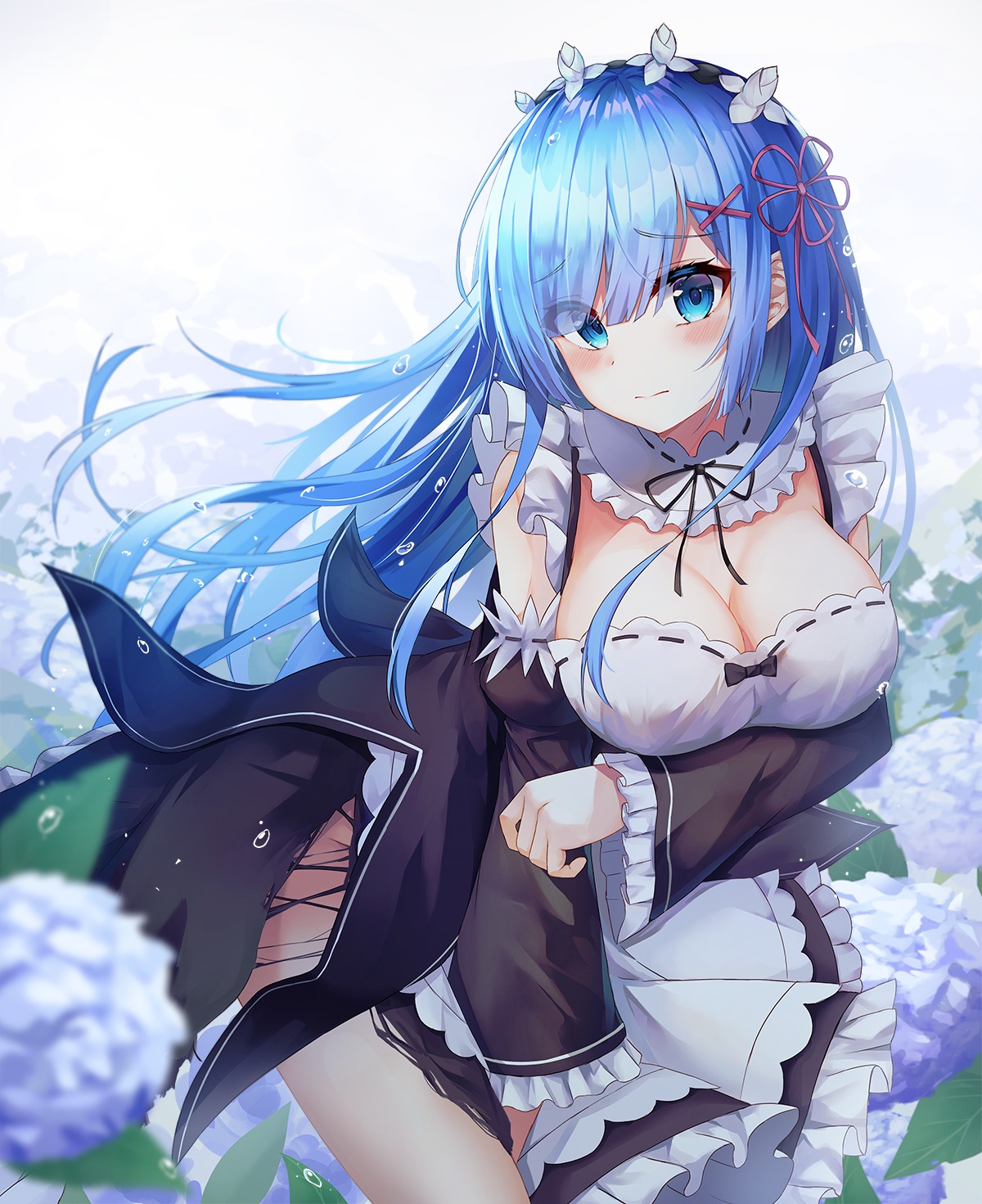 breast_hold cleavage lkeris maid nopan re_zero_kara_hajimeru_isekai_seikatsu rem_(re_zero) skirt_lift torn_clothes