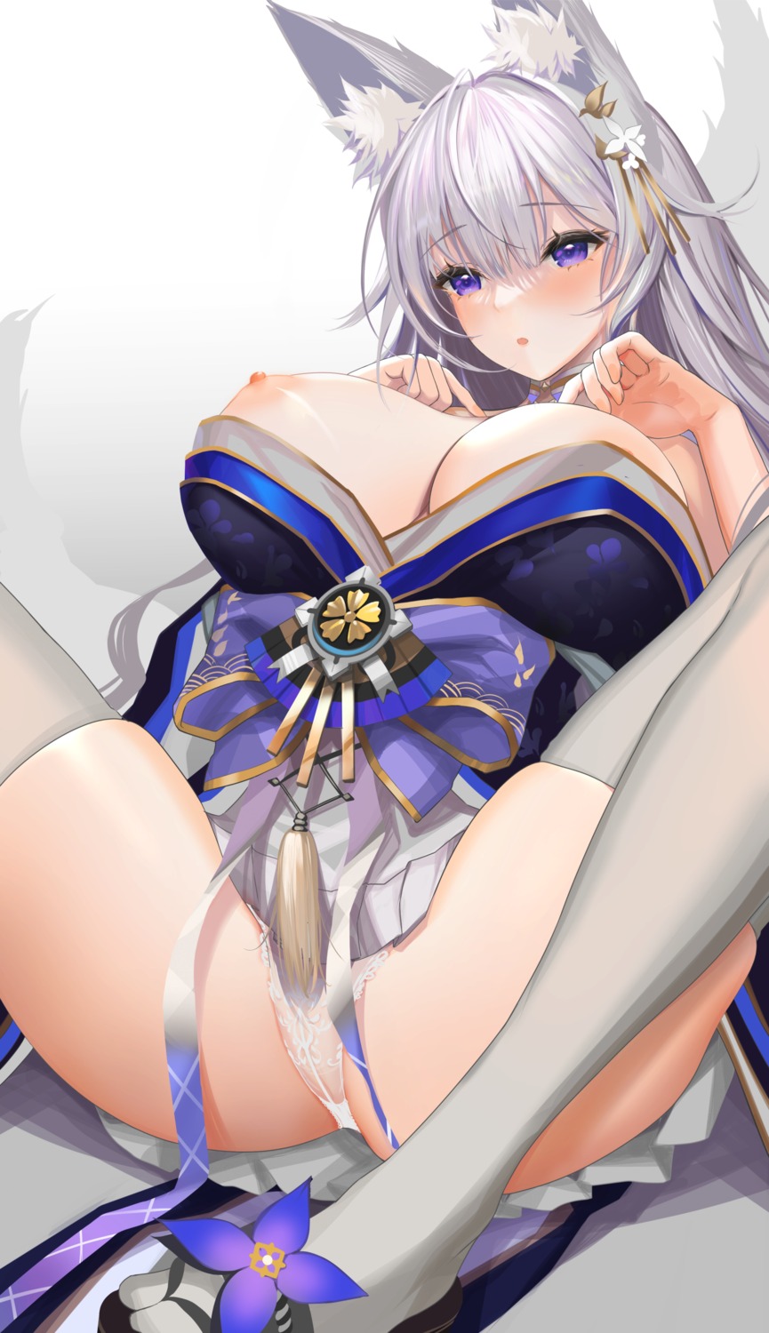 animal_ears azur_lane breasts japanese_clothes kitsune nanam_(nanam_sk) nipple_slip nipples no_bra pantsu shinano_(azur_lane) skirt_lift tail thighhighs thong