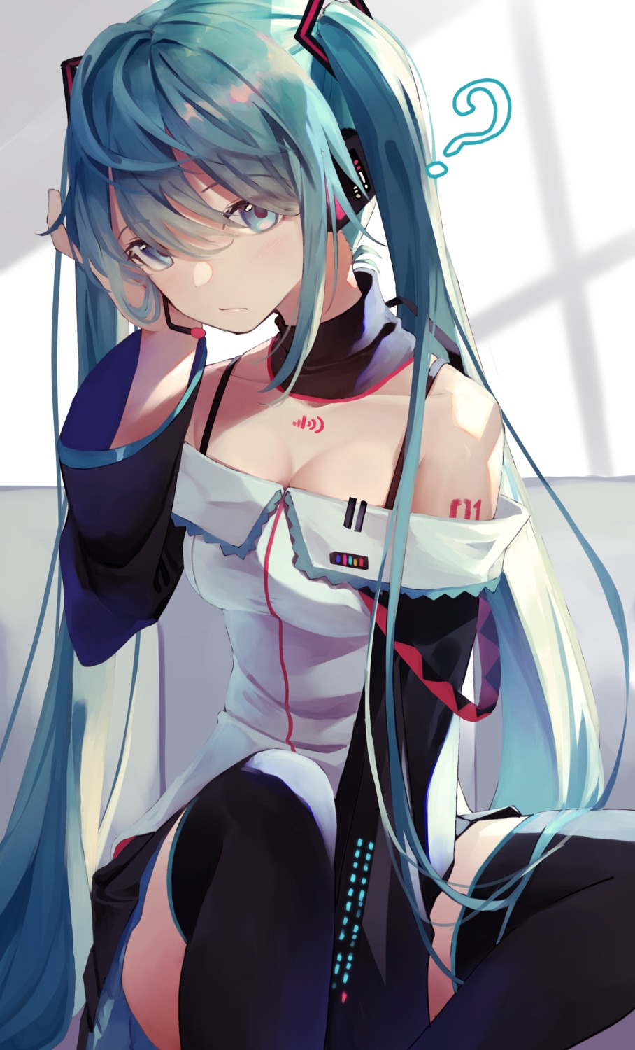 cleavage hatsune_miku headphones shun'ya_(daisharin36) skirt_lift tattoo thighhighs vocaloid