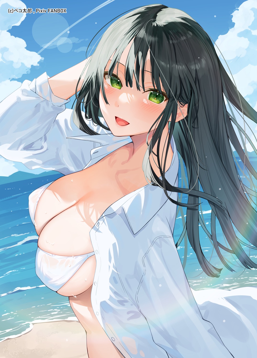 bekotarou bikini_top dress_shirt erect_nipples open_shirt swimsuits wet