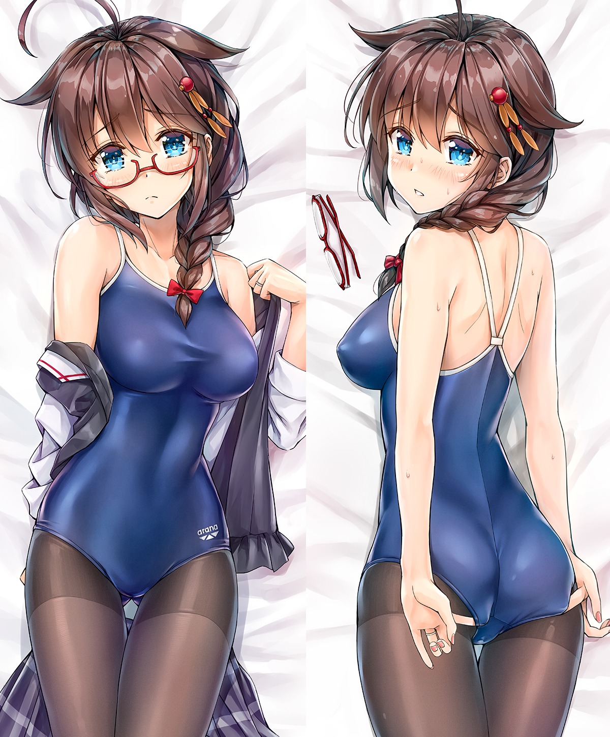 ass kantai_collection kotatsu_(kotatsu358) megane pantyhose school_swimsuit seifuku shigure_(kancolle) swimsuits