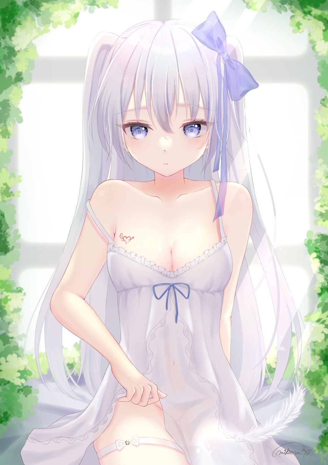 garter lingerie murur_(matsumikoru) no_bra nopan see_through skirt_lift tattoo