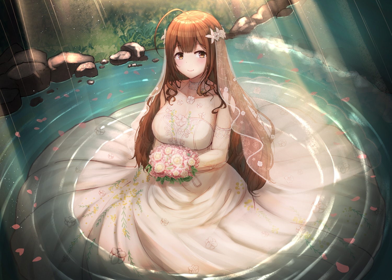 aiban dress kuwayama_chiyuki no_bra see_through the_idolm@ster the_idolm@ster_shiny_colors wedding_dress wet