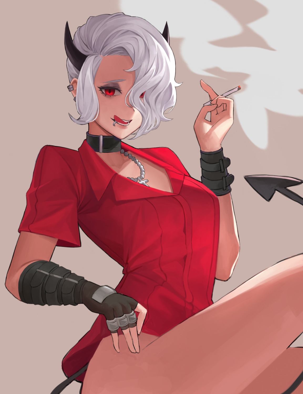 bottomless dress_shirt helltaker horns moon_(yfsp7823) smoking tail zdrada_(helltaker)