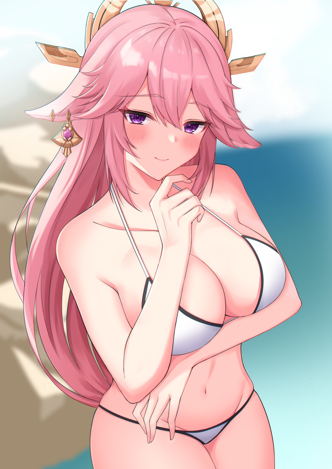 animal_ears bikini breast_hold genshin_impact kitsune mikoto_paint swimsuits yae_miko