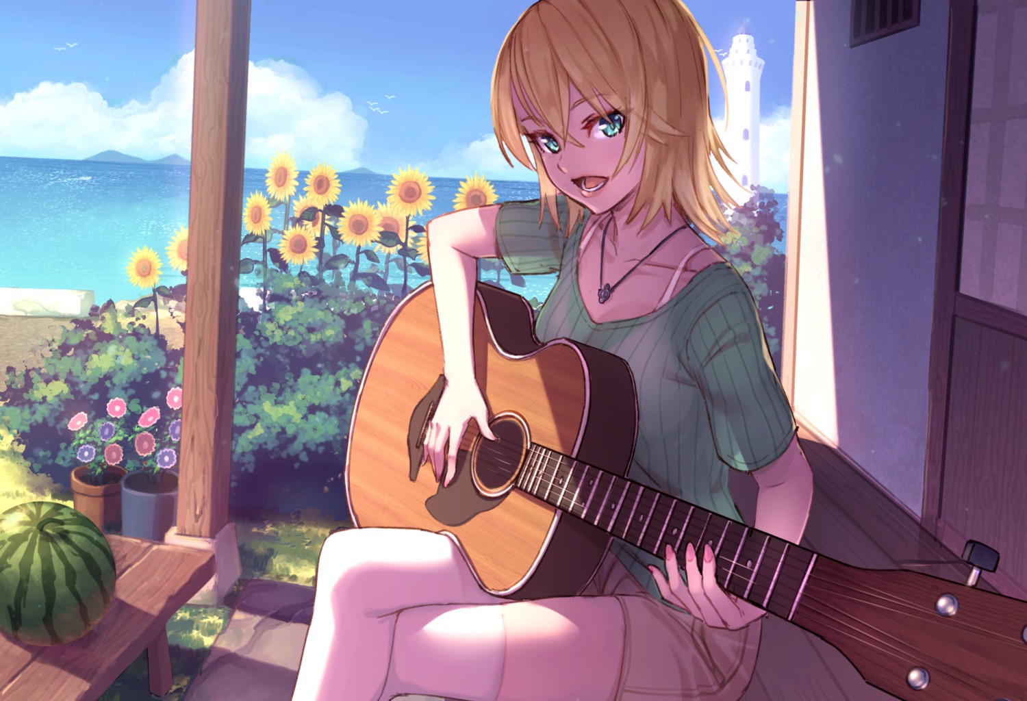 cleavage guitar summer_lesson thighhighs yellowpaint.