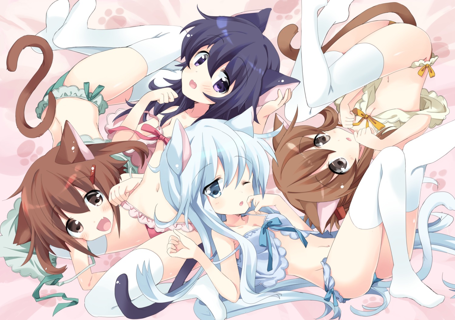 akatsuki_(kancolle) animal_ears bra cleavage hibiki_(kancolle) hizuki_yayoi ikazuchi_(kancolle) inazuma_(kancolle) kantai_collection lingerie loli nekomimi pantsu tail thighhighs underboob