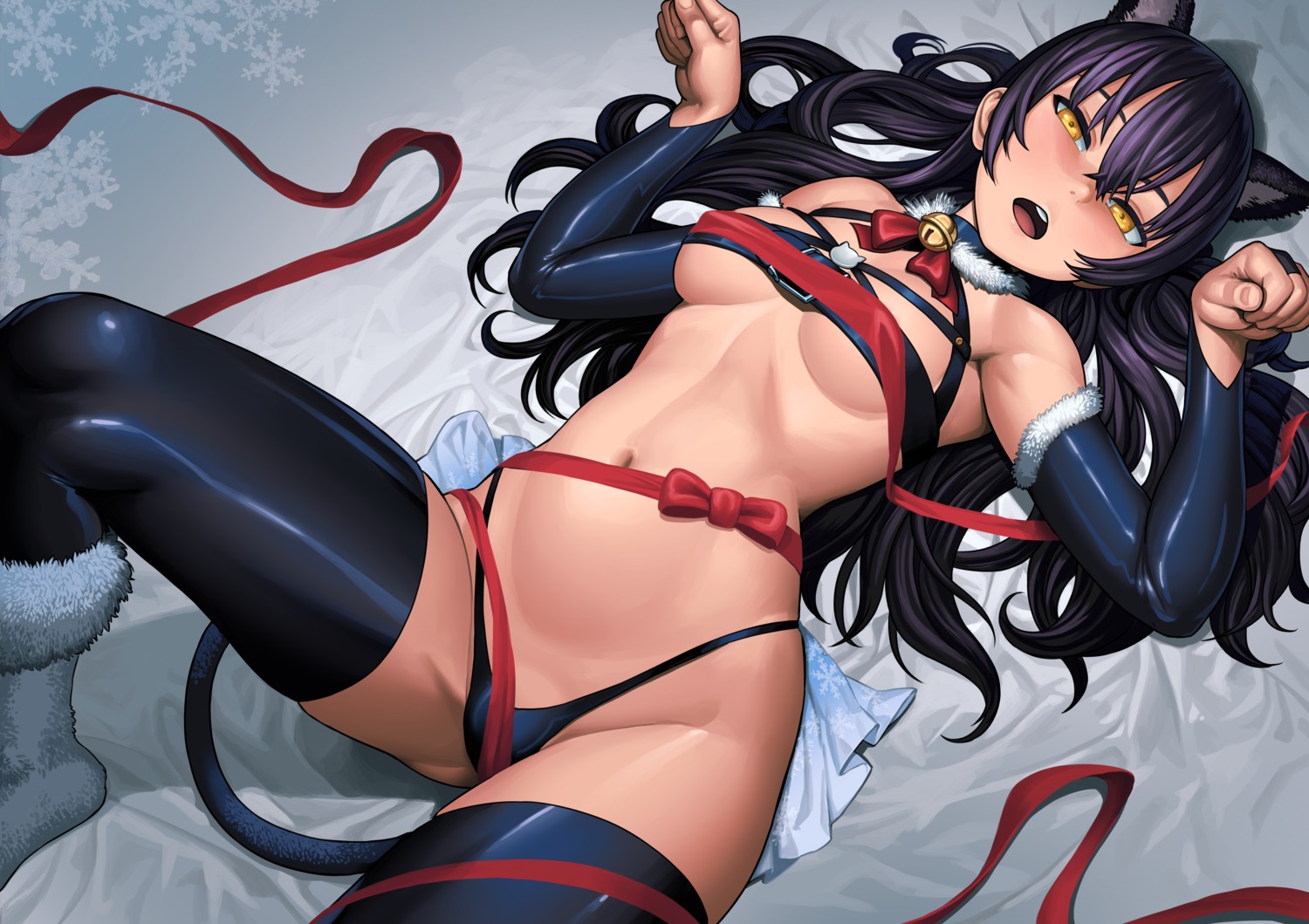 animal_ears blake_belladonna christmas lasterk nekomimi pantsu rwby tail thighhighs thong underboob