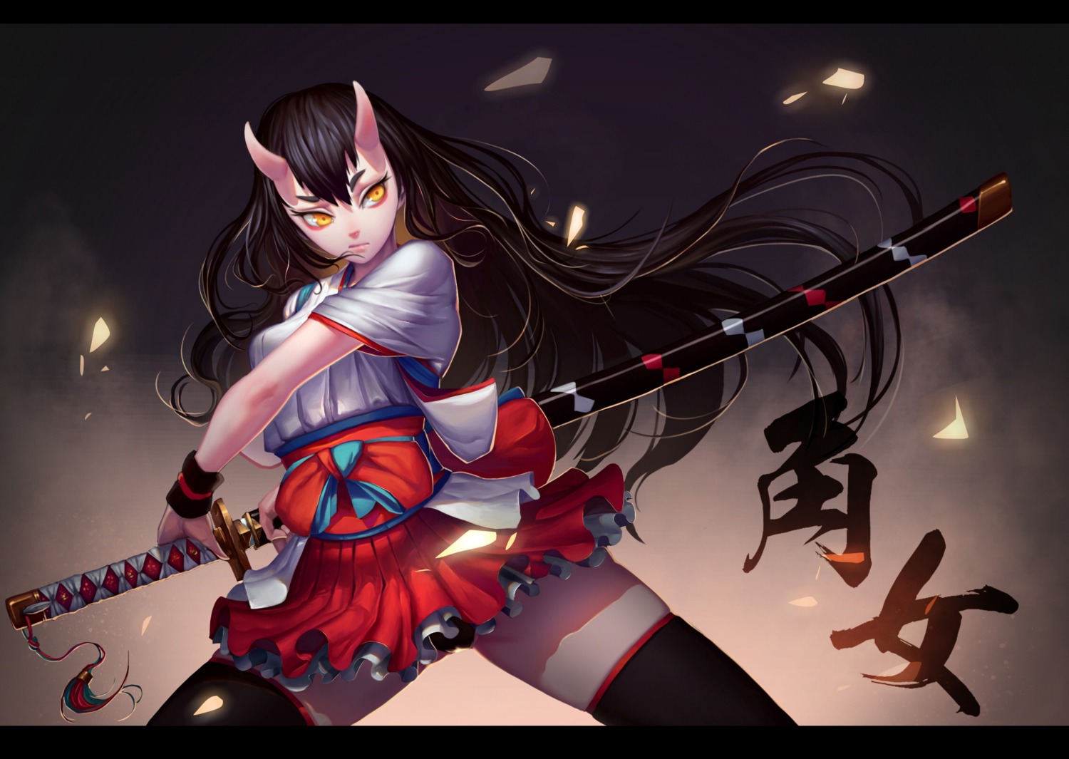 horns japanese_clothes pantsu qianbi sword thighhighs