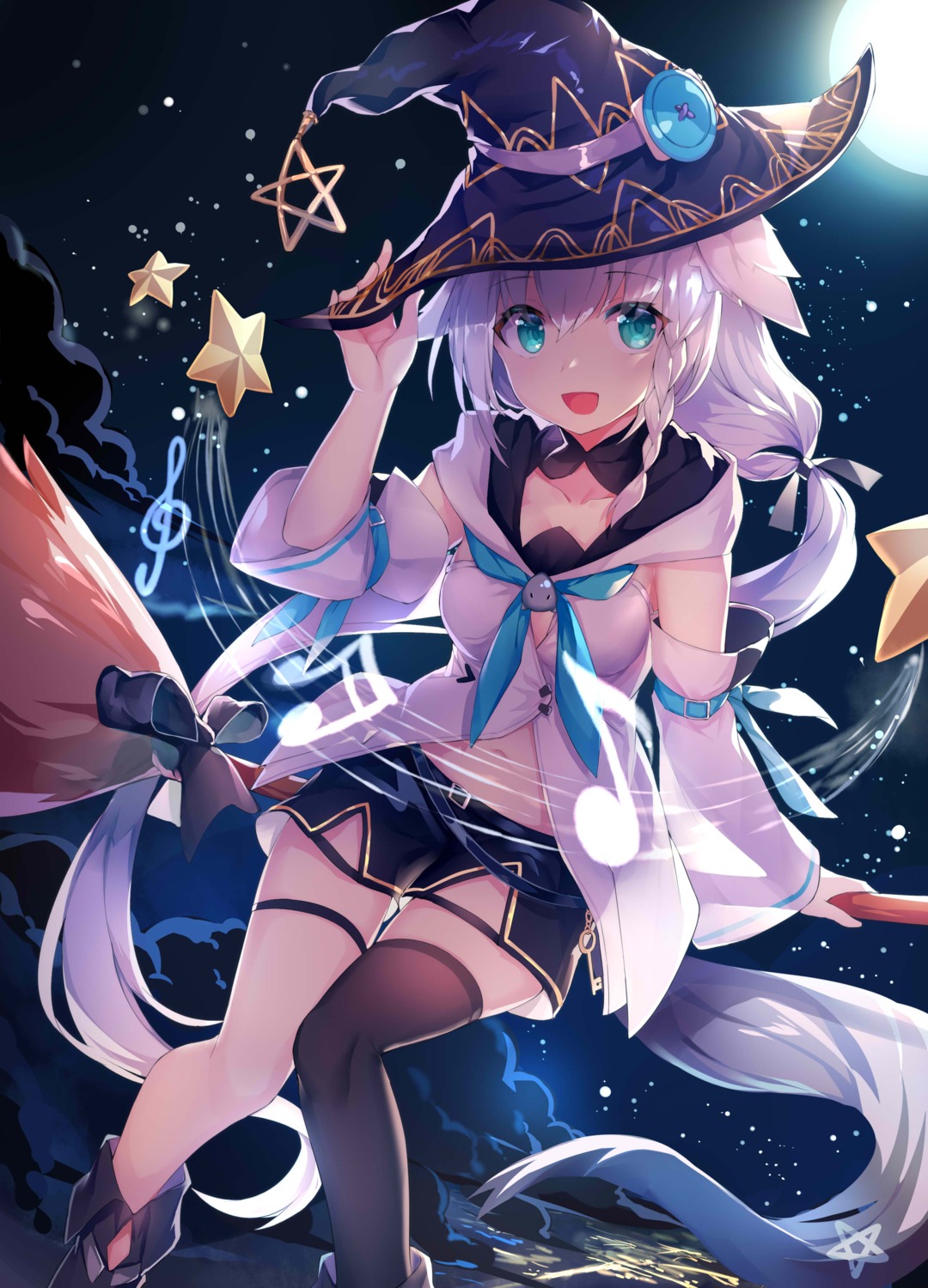 animal_ears garter hololive hololive_gamers jpeg_artifacts kitsune shirakami_fubuki tail thighhighs wawazi witch