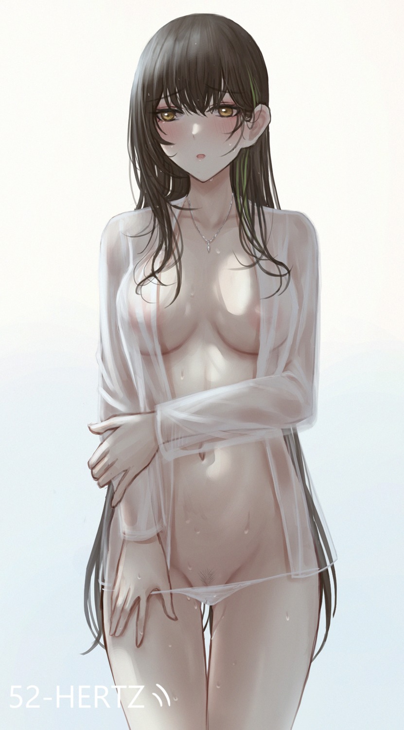 girls_frontline m4a1_(girls_frontline) no_bra open_shirt pantsu panty_pull pubic_hair see_through selcky undressing wet_clothes