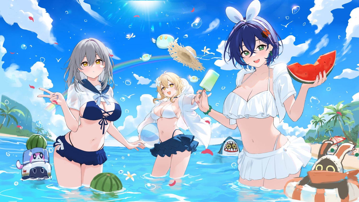 animal_ears belle_(zenless_zone_zero) bikini bunny_ears crossover fukuro_ko_(greentea) genshin_impact honkai:_star_rail lumine open_shirt see_through seifuku stelle swimsuits wet zenless_zone_zero