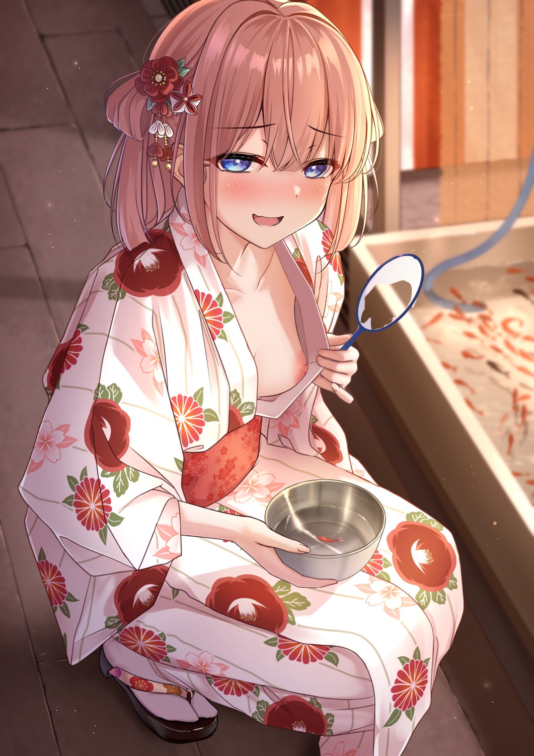 breasts monaka_curl nipples no_bra open_shirt wardrobe_malfunction yukata