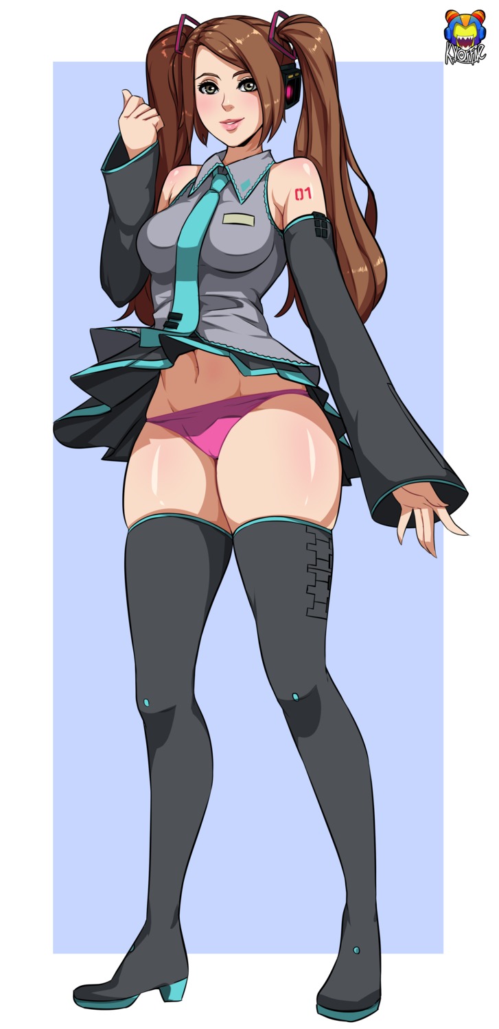 cameltoe cosplay hatsune_miku headphones heels pantsu skirt_lift tagme tattoo thighhighs vocaloid