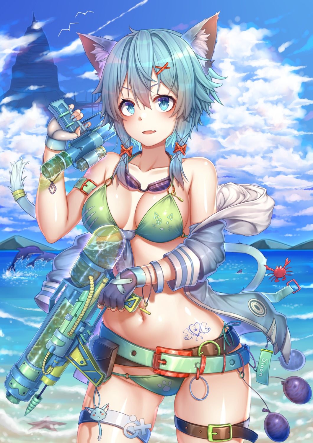 animal_ears bikini garter gun kishita_yuu nekomimi open_shirt sinon swimsuits sword_art_online tail