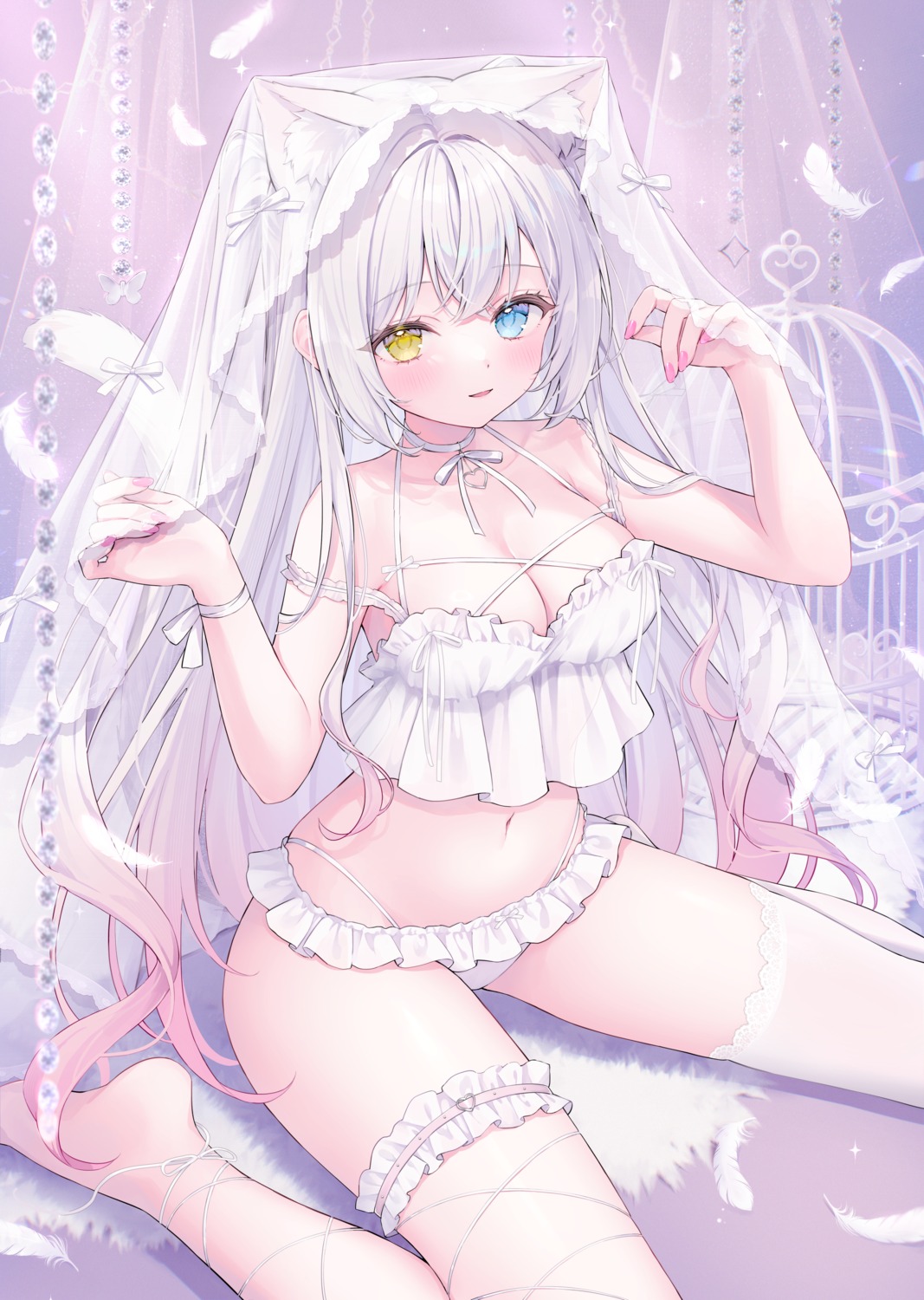 animal_ears bra fishnets garter heterochromia lingerie nekomimi pantsu see_through shano_hiyori tail thighhighs