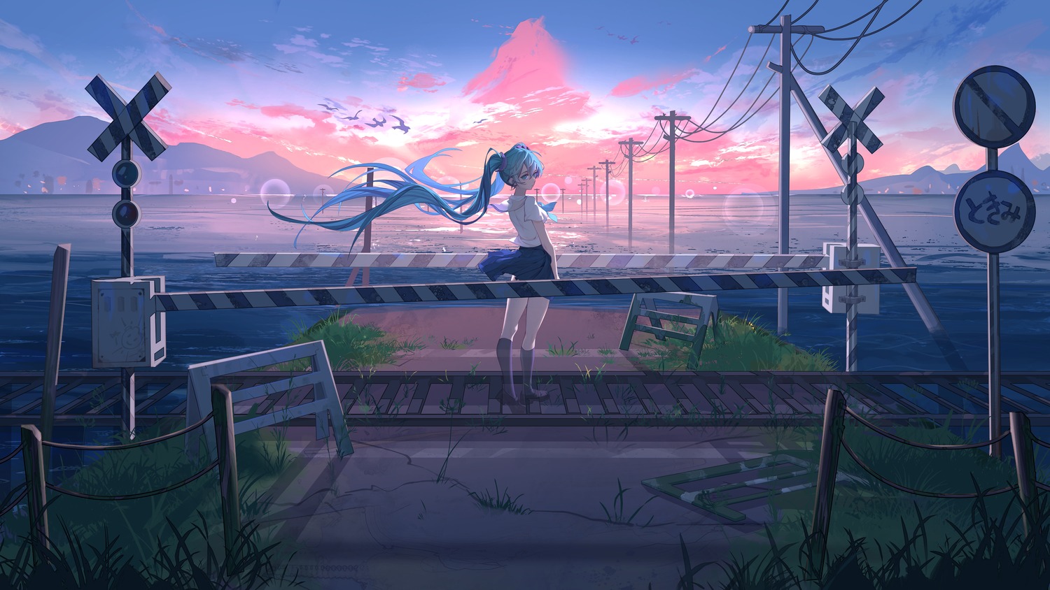 black_lynx_(artist) hatsune_miku landscape seifuku shoujo_rei_(vocaloid) skirt_lift vocaloid