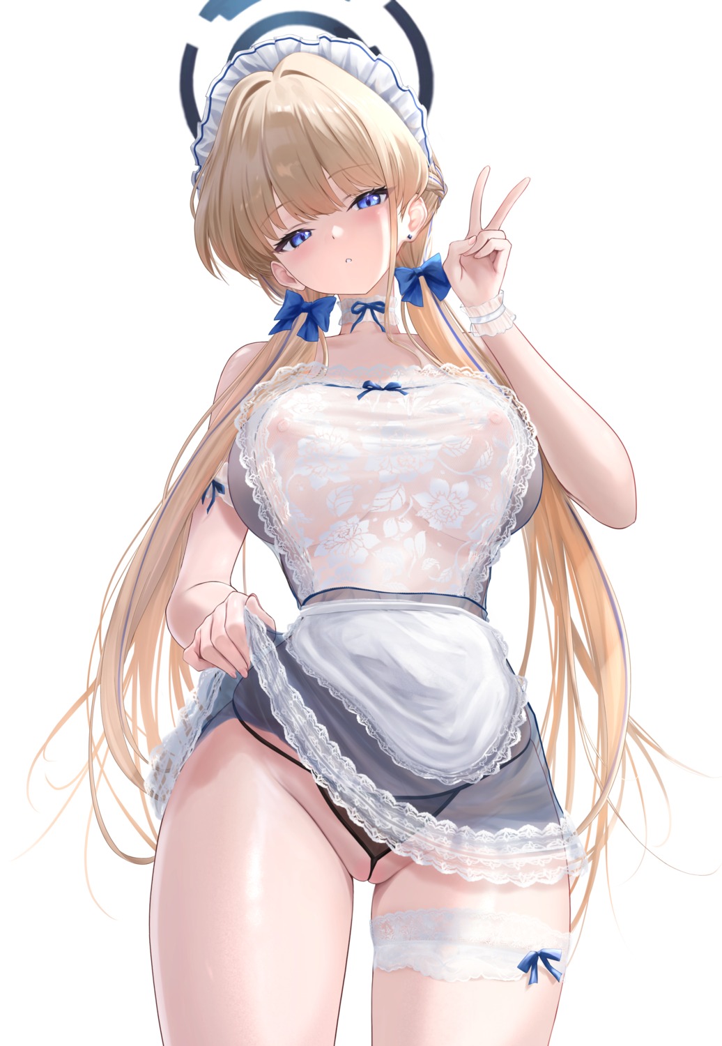 asuma_toki blue_archive garter halo maid nipples noa_(skae3323) pantsu pussy see_through skirt_lift thong