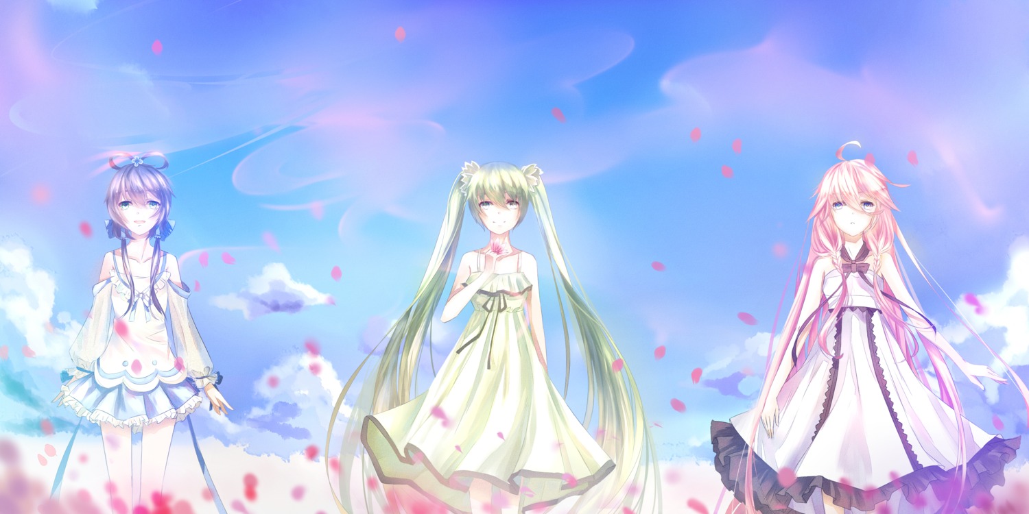 douzi dress hatsune_miku ia_(vocaloid) landscape luo_tianyi summer_dress vocaloid