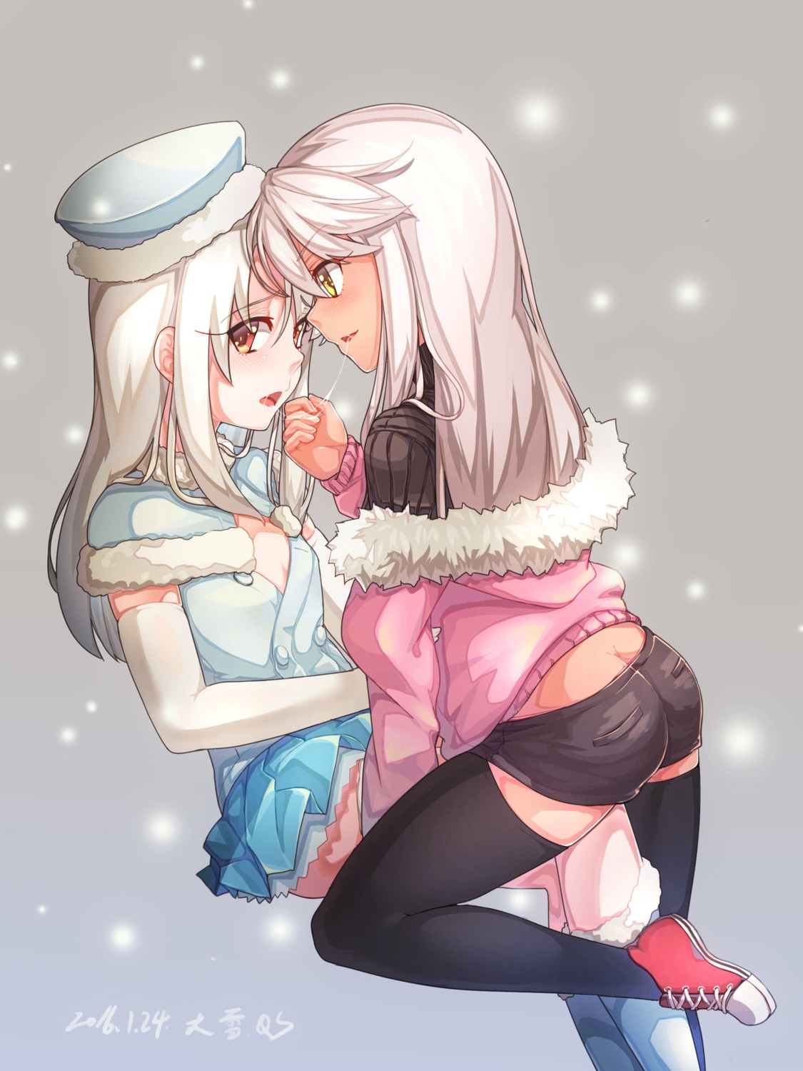 ass chloe_von_einzbern cleavage fate/kaleid_liner_prisma_illya fate/stay_night illyasviel_von_einzbern qiongsheng sweater thighhighs yuri