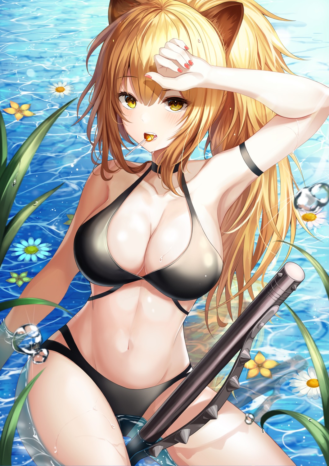 animal_ears arknights bikini gongha siege_(arknights) swimsuits weapon wet