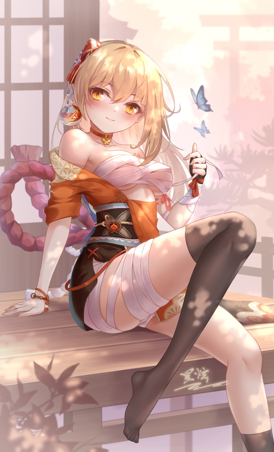 bandages genshin_impact japanese_clothes sarashi skirt_lift tattoo thighhighs yelan_xing_xuan yoimiya