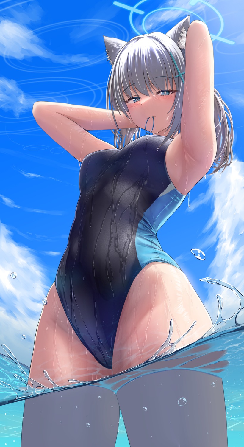 animal_ears blue_archive halo nekomimi silver_bullet_(ecc12_8) sunaookami_shiroko swimsuits wet