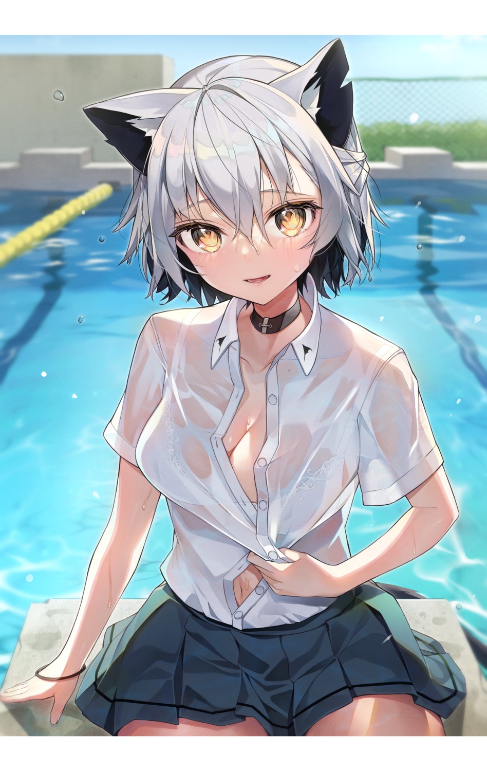 animal_ears bra nekomimi open_shirt see_through seifuku skirt_lift tail wet_clothes yayoichi_(yoruyoru108)