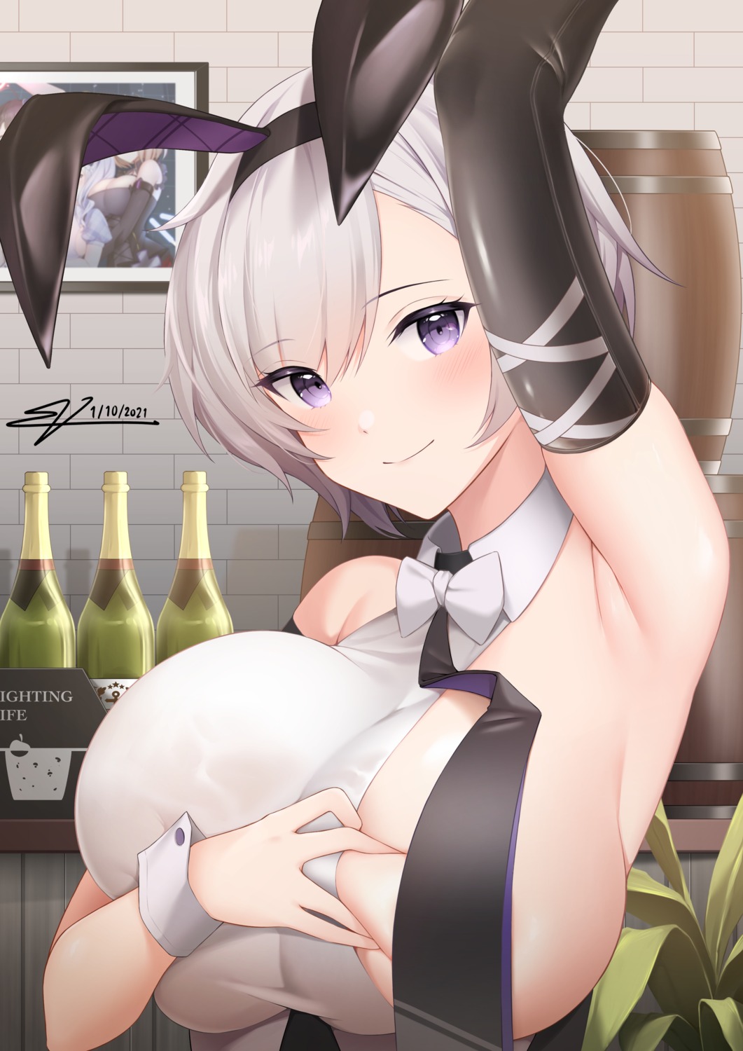 animal_ears azur_lane breast_hold bunny_ears bunny_girl nevven no_bra reno_(azur_lane)