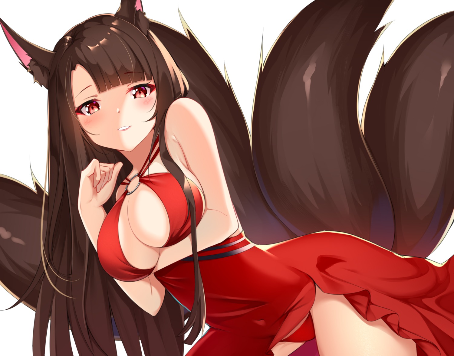 akagi_(azur_lane) animal_ears azur_lane breast_hold cat_(yidsv) dress kitsune no_bra pantsu skirt_lift tail