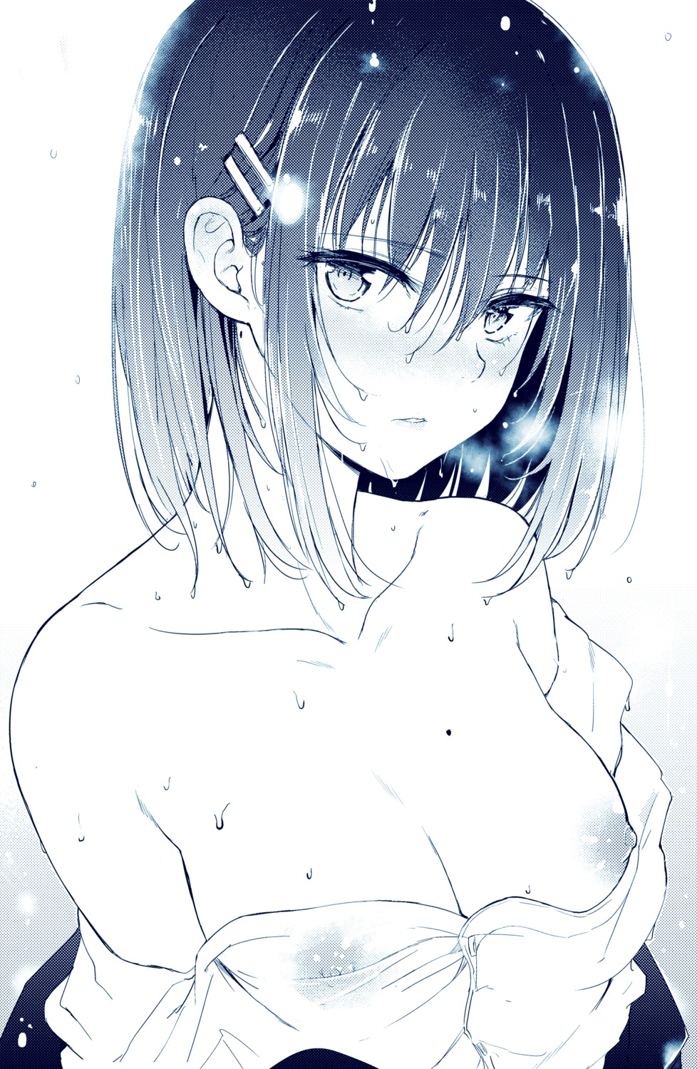 breasts kyokucho monochrome nipples no_bra open_shirt see_through wet