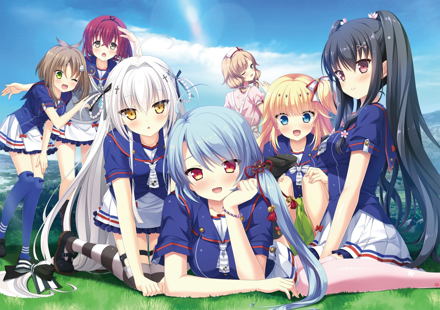 abe_kurumi deatte_5-fun_wa_ore_no_mono!_jikan_teishi_to_atropos digital_version hiiragi_hakua hulotte ikegami_akane kurebayashi_kanon kurose_sakura mitsui_ruri nurse seifuku shinonome_azusa thighhighs yamabuki_noa