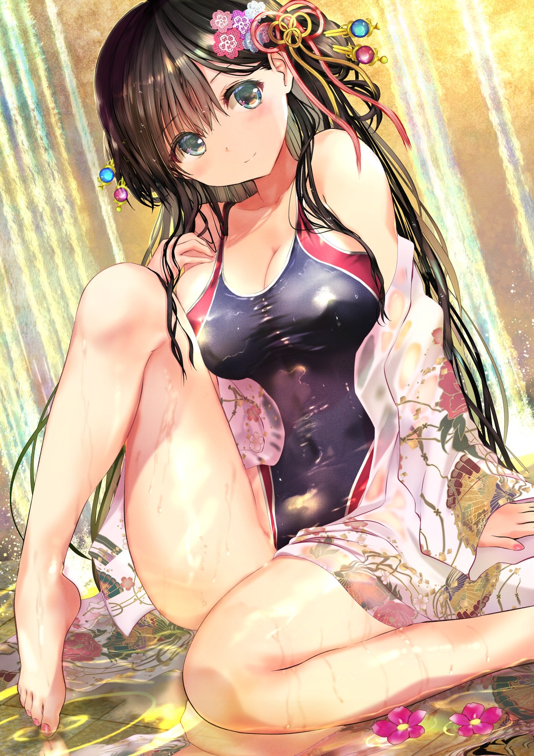 feet japanese_clothes ogata_tei swimsuits wet wet_clothes