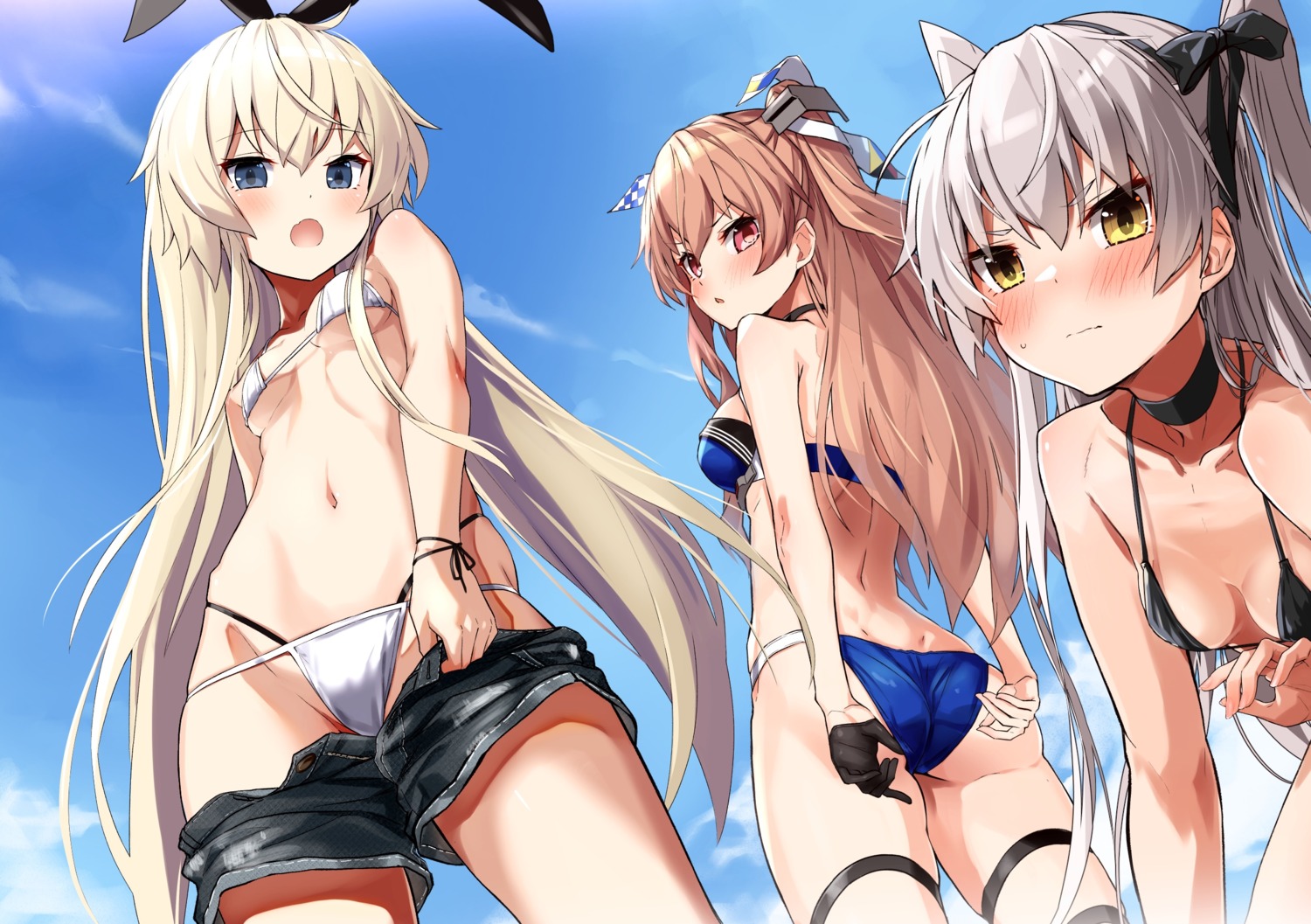 amatsukaze_(kancolle) animal_ears ass bikini bunny_ears garter johnston_(kancolle) kantai_collection loli shimakaze_(kancolle) swimsuits takanashi_kei_(hitsujikan) undressing