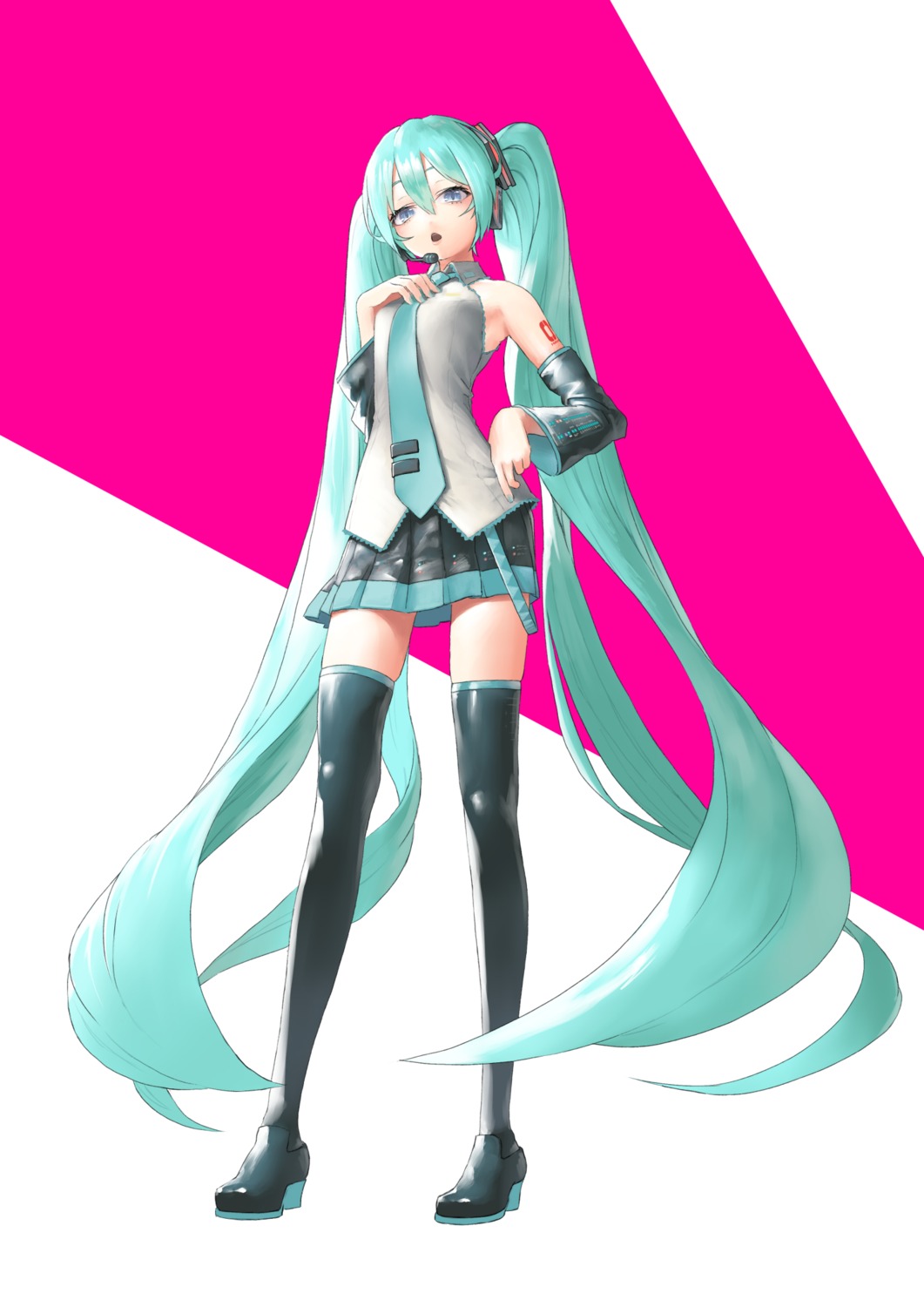 hatsune_miku headphones heels rsk_(tbhono) tattoo thighhighs vocaloid