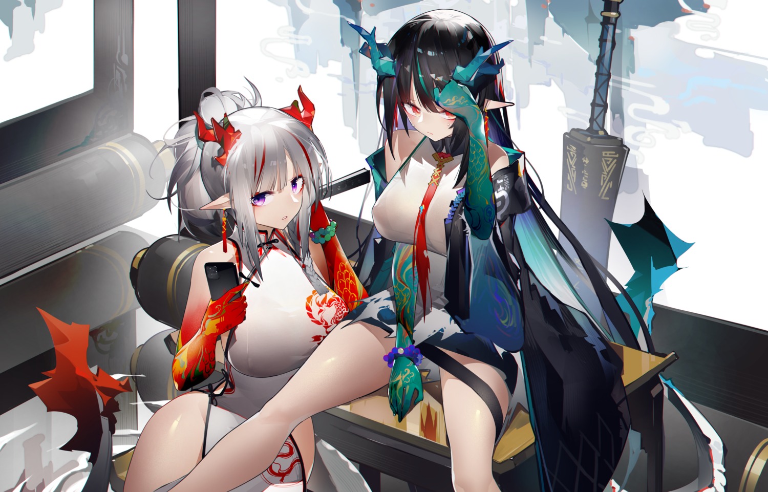 arknights asian_clothes chinadress dusk_(arknights) horns nian_(arknights) pointy_ears tail yushi_quetzalli