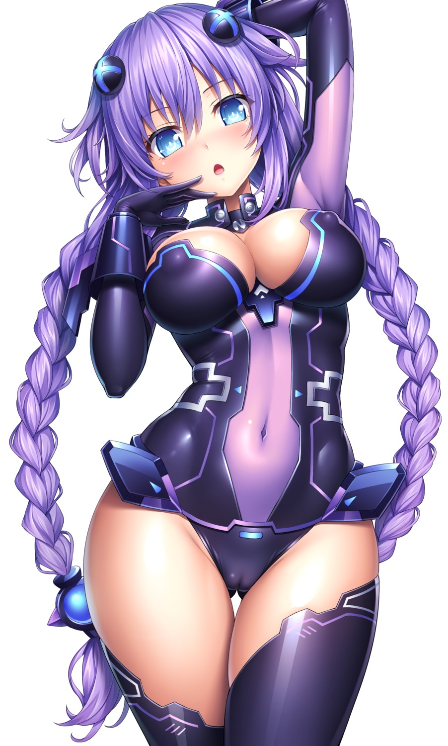 cameltoe choujigen_game_neptune cleavage erect_nipples lambda_(artist) leotard no_bra purple_heart thighhighs