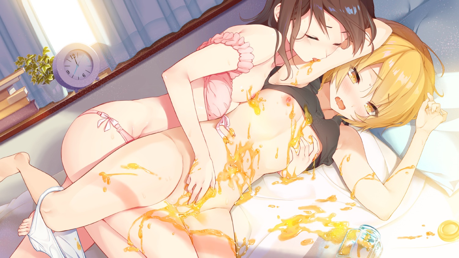 bra breast_grab breasts cream fingering nipples no_bra panpaka_red pantsu panty_pull shirt_lift wallpaper yuri