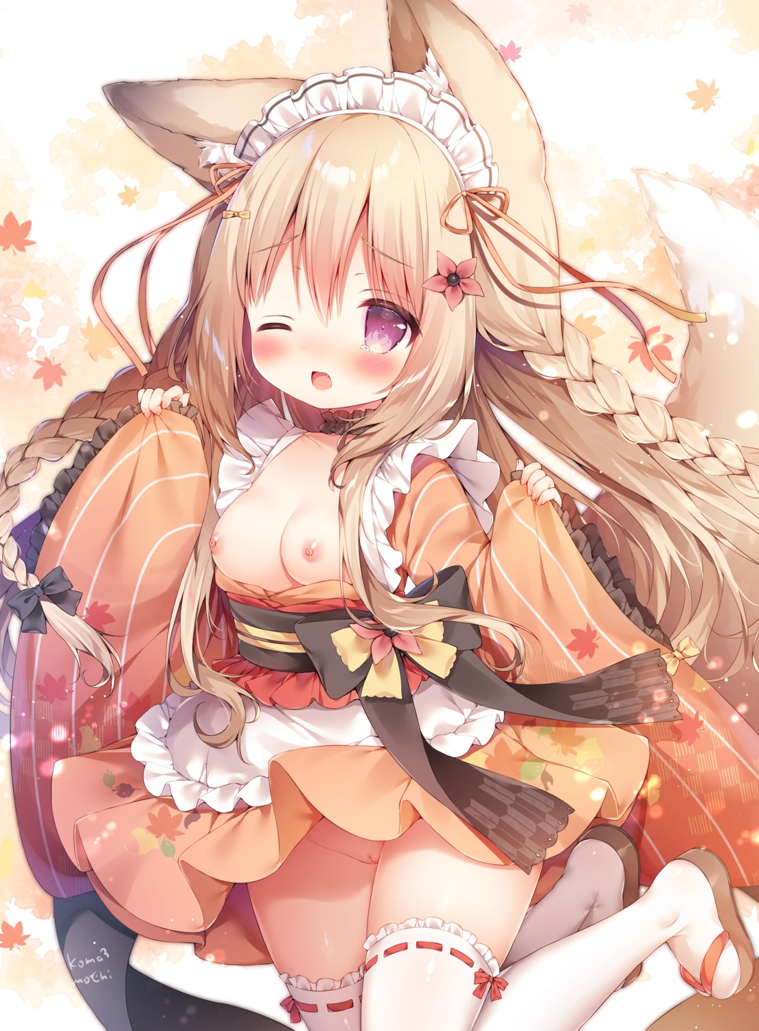 animal_ears kitsune maid momozu_komamochi nipples nopan pussy skirt_lift tail thighhighs uncensored wa_maid