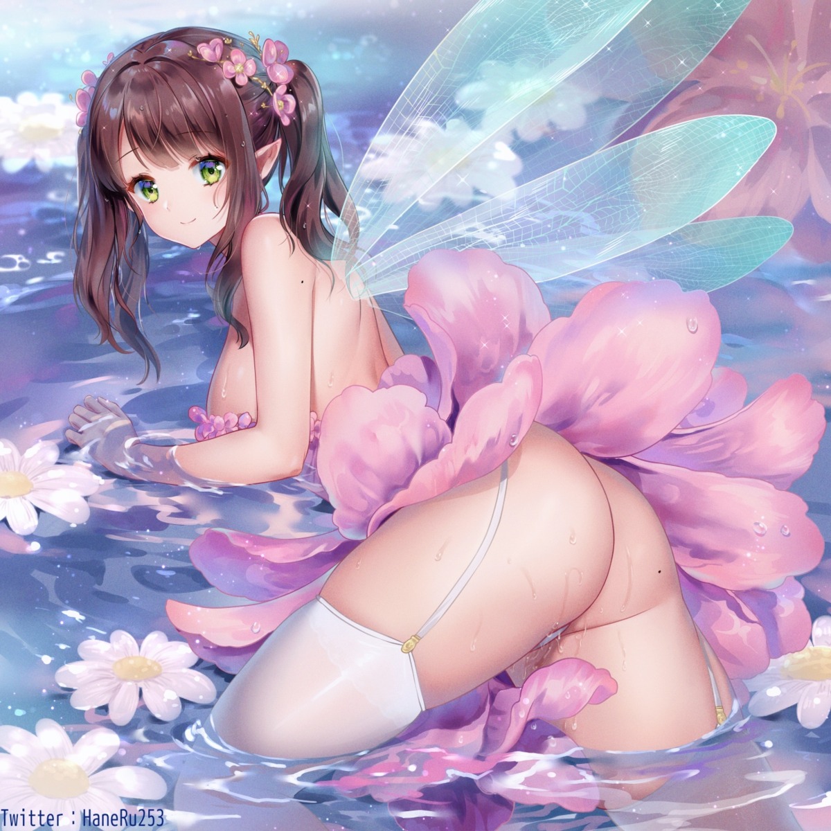 ass fairy haneru no_bra pantsu pointy_ears skirt_lift stockings thighhighs thong wet wings