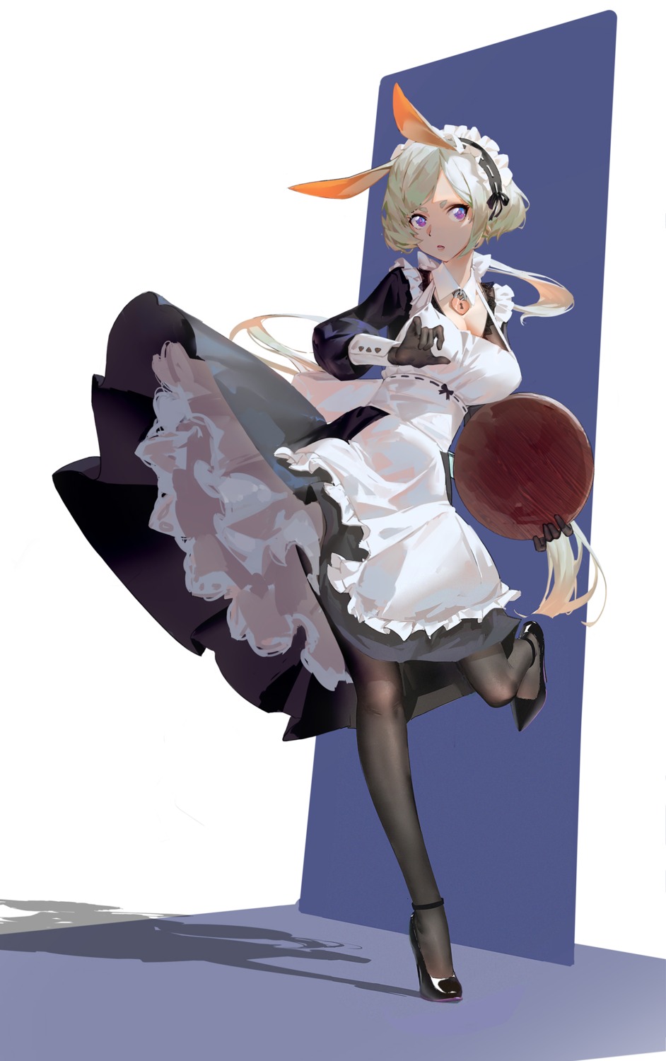 animal_ears bunny_ears cleavage heels maid pantyhose ribao skirt_lift