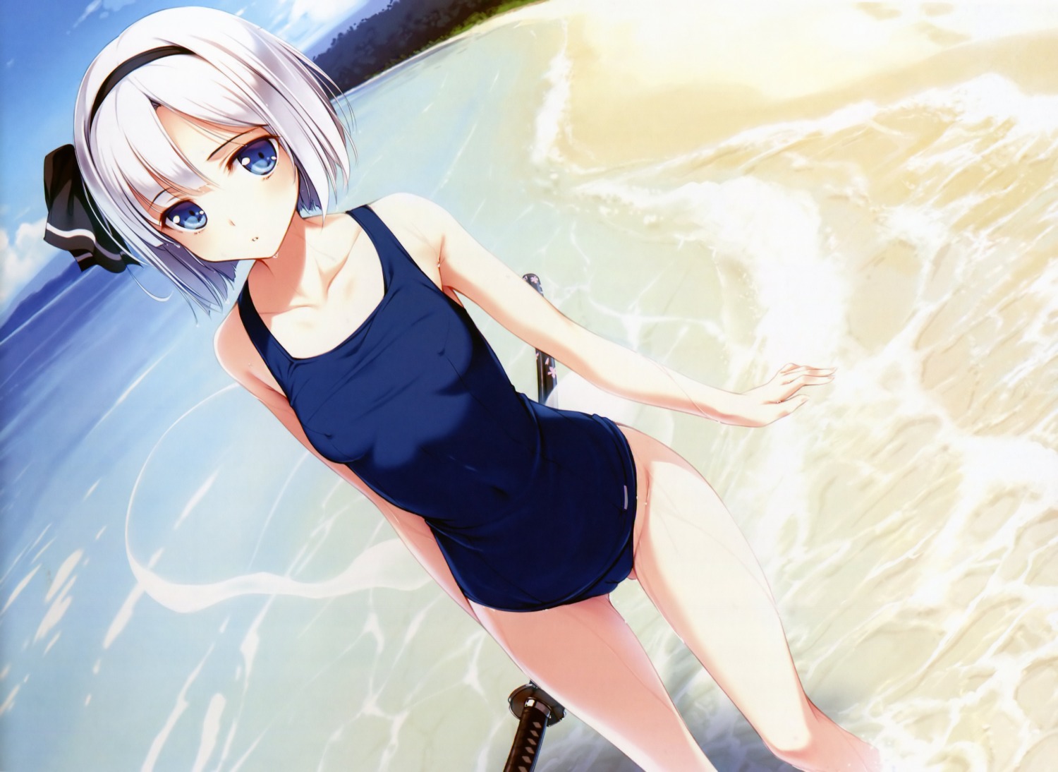 cameltoe erect_nipples gekidoku_shoujo ke-ta konpaku_youmu loli scanning_artifacts school_swimsuit swimsuits sword touhou