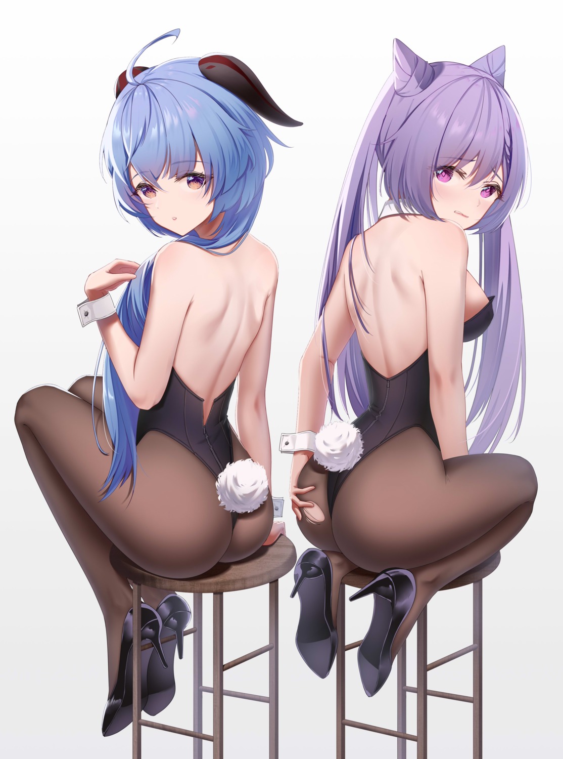 ass ass_grab bingchuan_xian_yu_huang bunny_girl ganyu genshin_impact heels horns keqing pantyhose tail torn_clothes