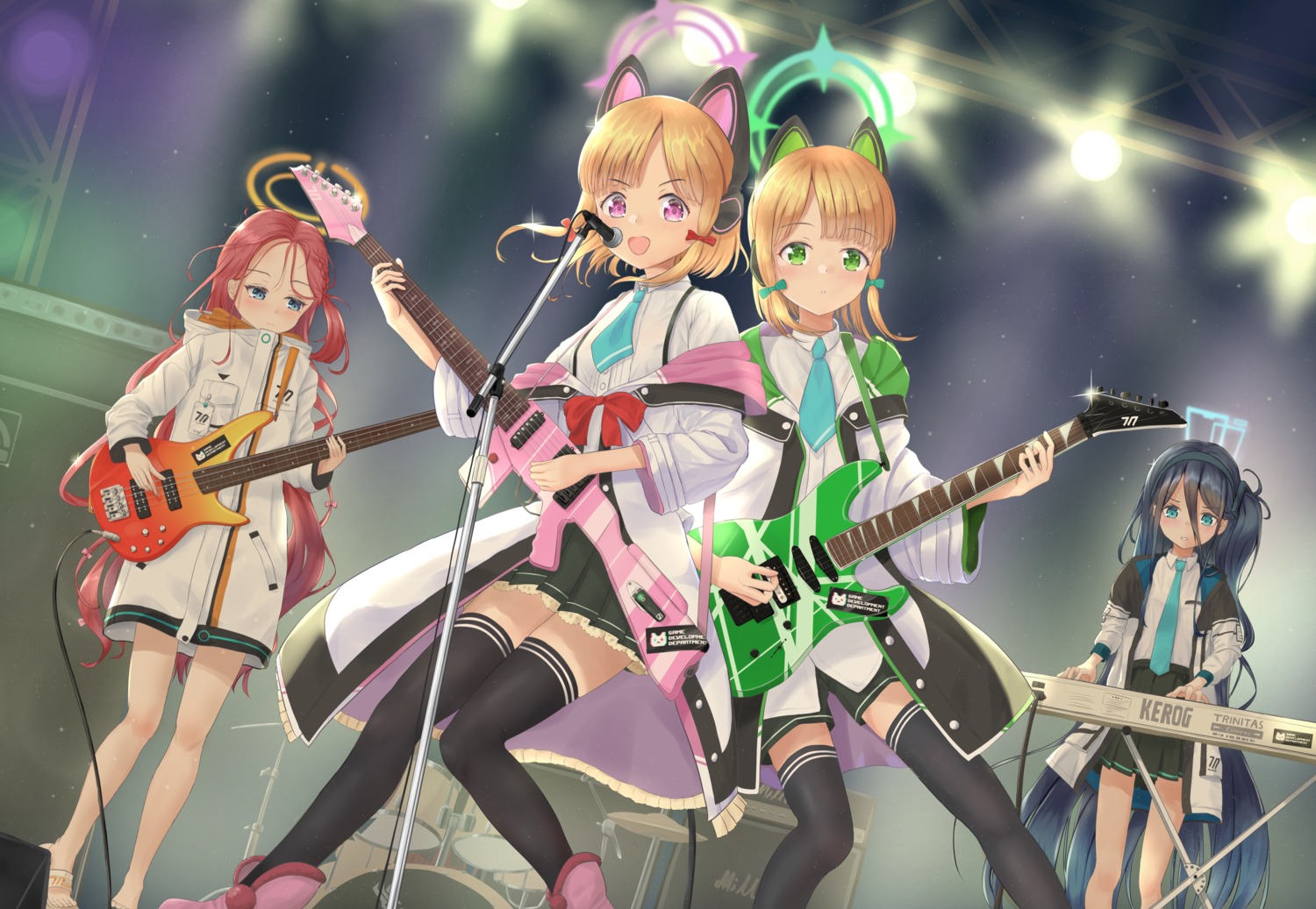 animal_ears aomi_wan blue_archive guitar halo hanaoka_yuzu headphones nekomimi saiba_midori saiba_momoi seifuku tendou_arisu thighhighs