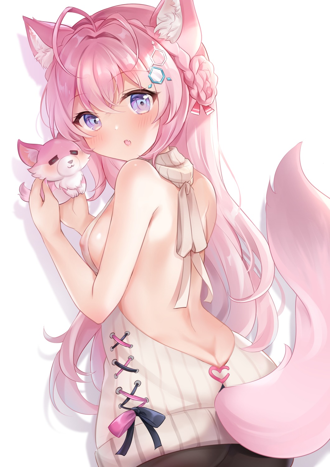 animal_ears areola ass hakui_koyori hololive nikoo no_bra pantyhose see_through sweater tail