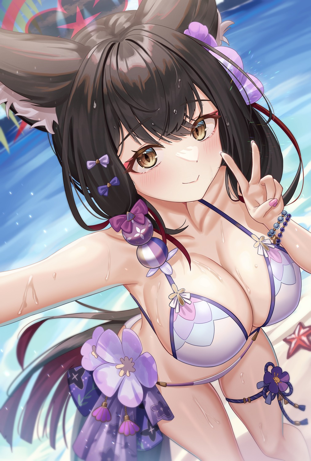 animal_ears bikini blue_archive garter halo kitsune kosaka_wakamo selfie subob swimsuits tail wet