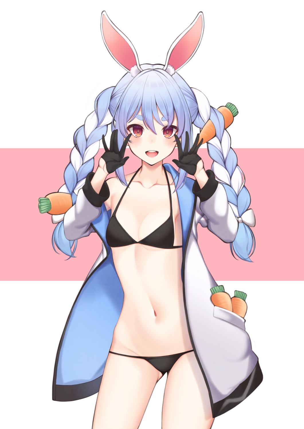 animal_ears bikini bunny_ears hololive open_shirt shirafuji_ene swimsuits usada_pekora