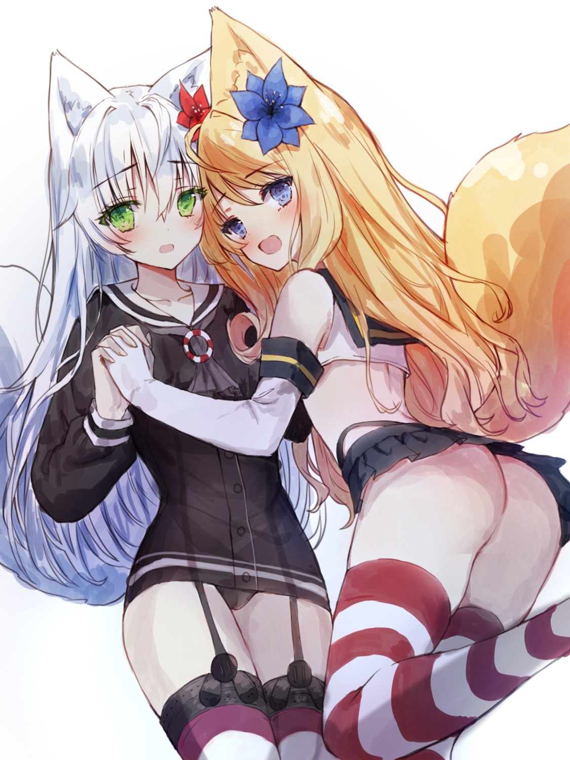 amatsukaze_(kancolle) animal_ears ass cosplay kantai_collection kitsune pantsu see_through seifuku shimakaze_(kancolle) stockings tail tandohark thighhighs thong yuri