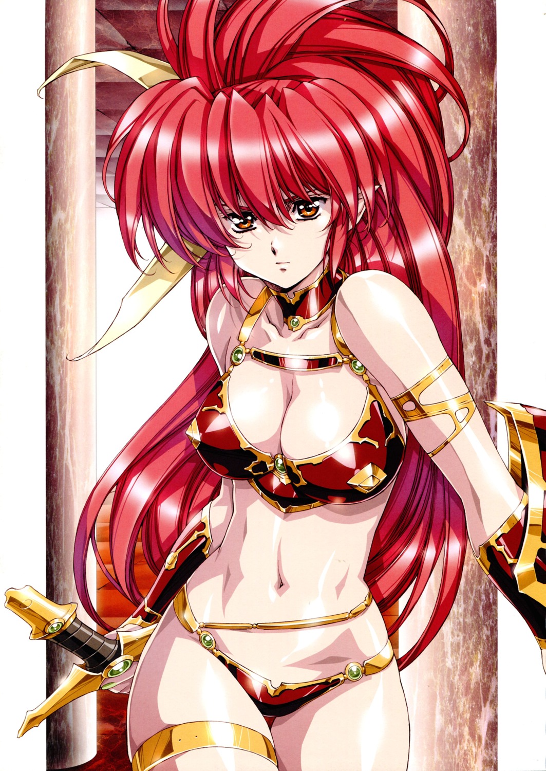 armor bikini_armor cleavage elf jpeg_artifacts pointy_ears sword urushihara_satoshi