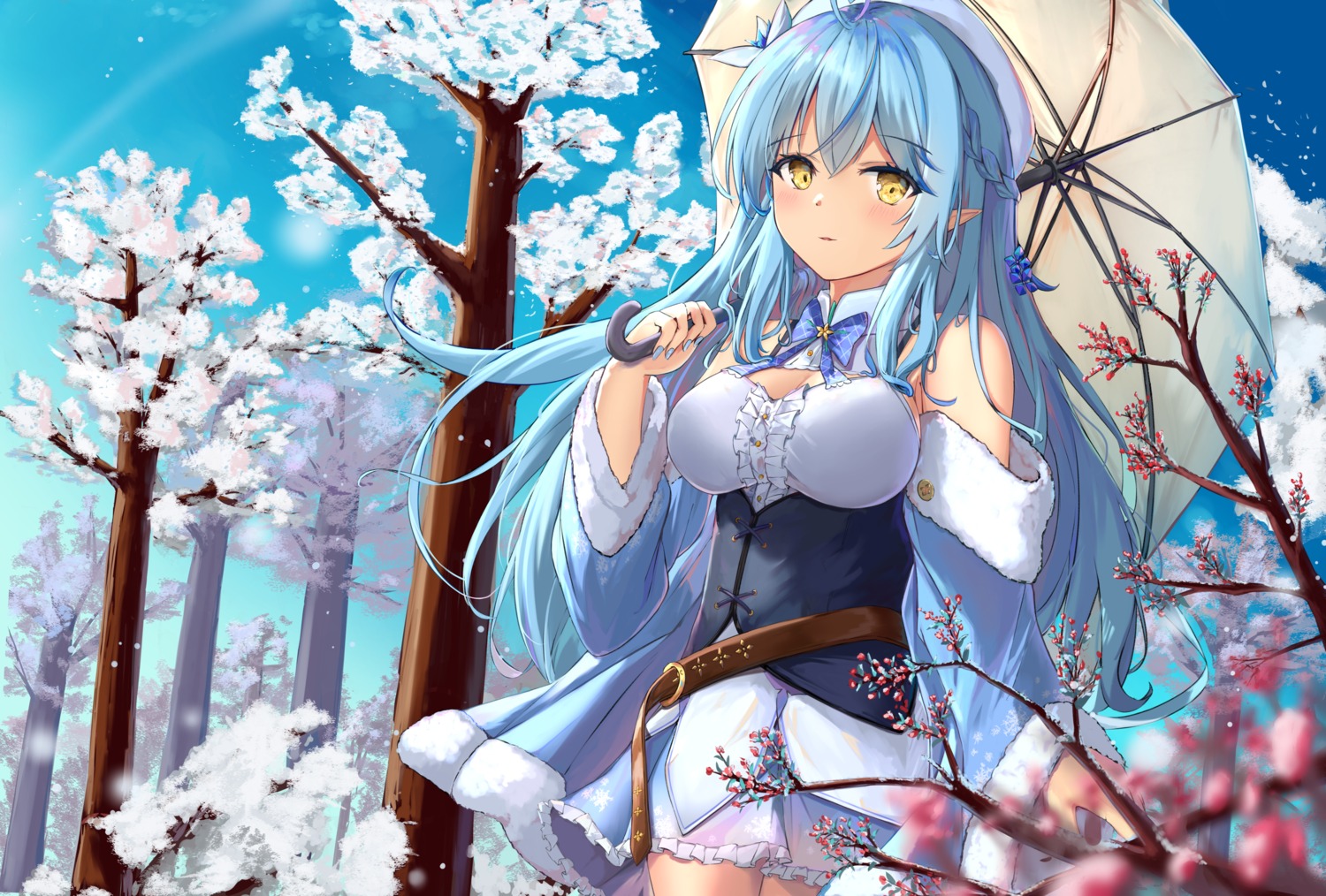 cleavage elf hololive pointy_ears taikoi7 umbrella yukihana_lamy